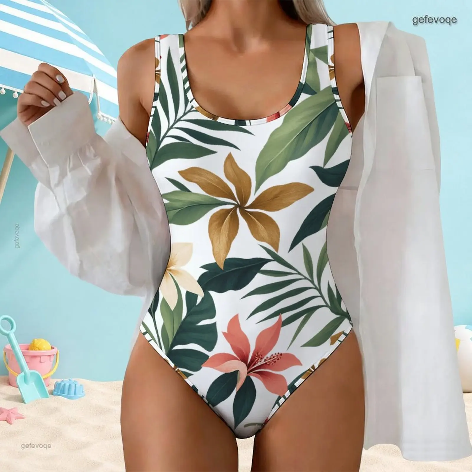Women Light Blue Space Dye Printed Sleeveless Scoop Neck One Piece Swimsuit