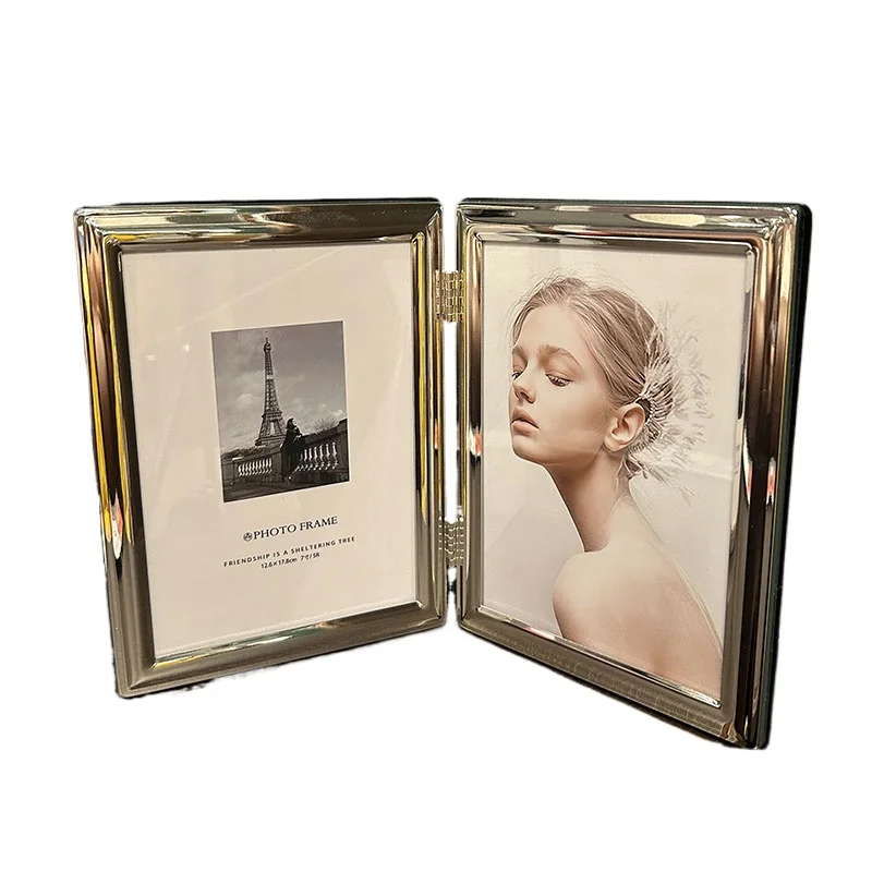

Metal double folding photo frame 7 inch vertical version 2 photos simple advanced desktop couple photo ornament 7
