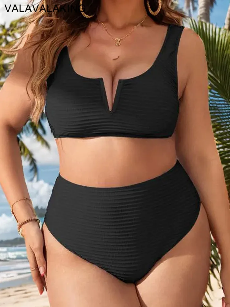 2024 Solid 2 Piece Plus Size Bikini Set Women High Waist Large Swimsuit Push Up Lady Big Swimwear Chubby Sexy Curvy Bathing Suit