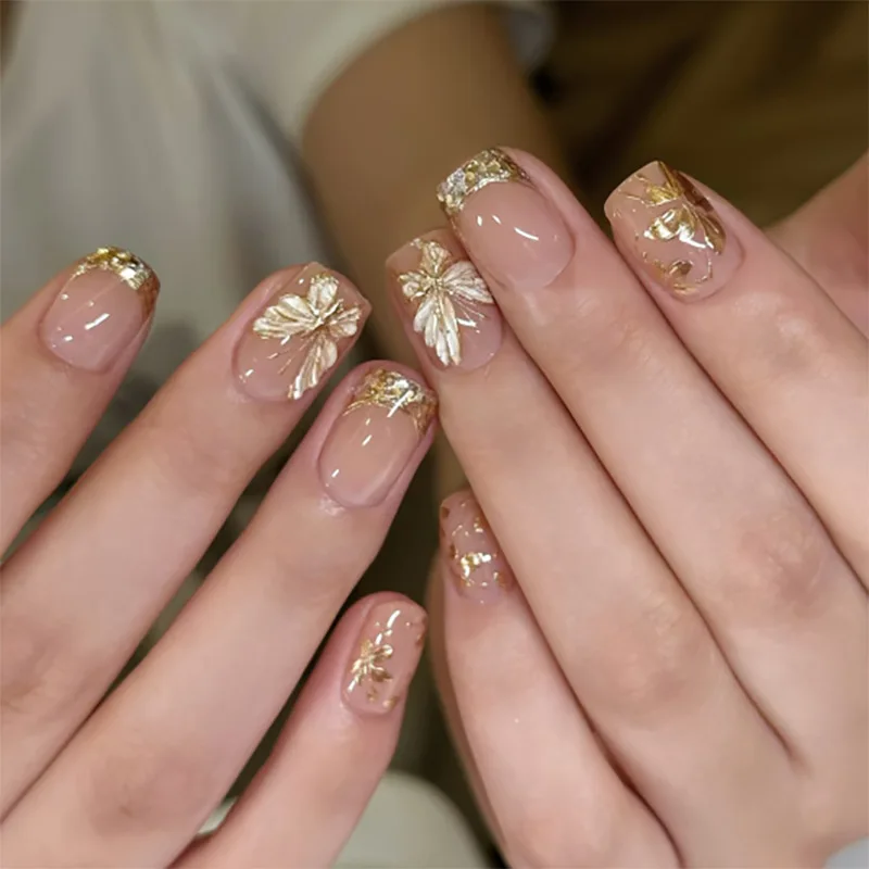 

24Pcs Short Square Press on Nails - Gold Edge White Bow with Golden Flowers and Ornamental Border Design | Luxurious Style