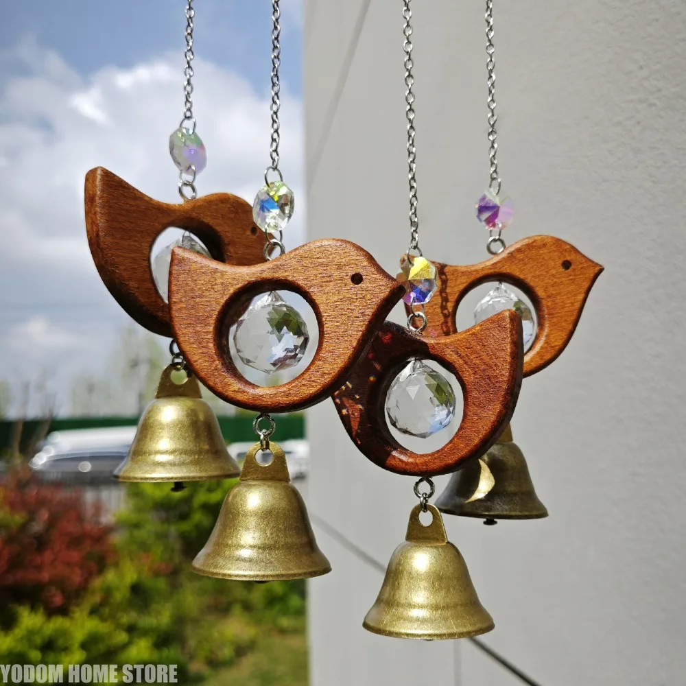 Beech Wood Crystal Wind Chime Antique Copper Bell Creative Hanging Ornament for Home Garden Patio Balcony Wall Decoration
