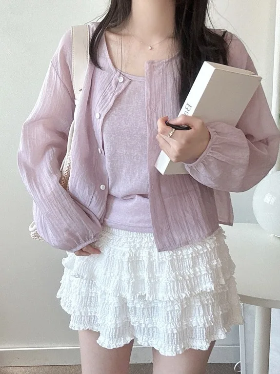 

Korean Sle Versatile Slimming Strap Vest Women's ort Sve Long irt Autumn New Arrival Two-Piece Set Ele Open Card...