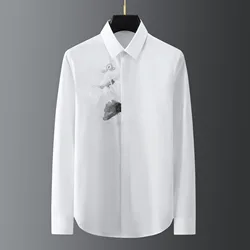 Brand Lotus Embroidered Men's Shirt High Quality Casual Business Dress Shirt Long Sleeve Luxury Social Banquet Party Shirts