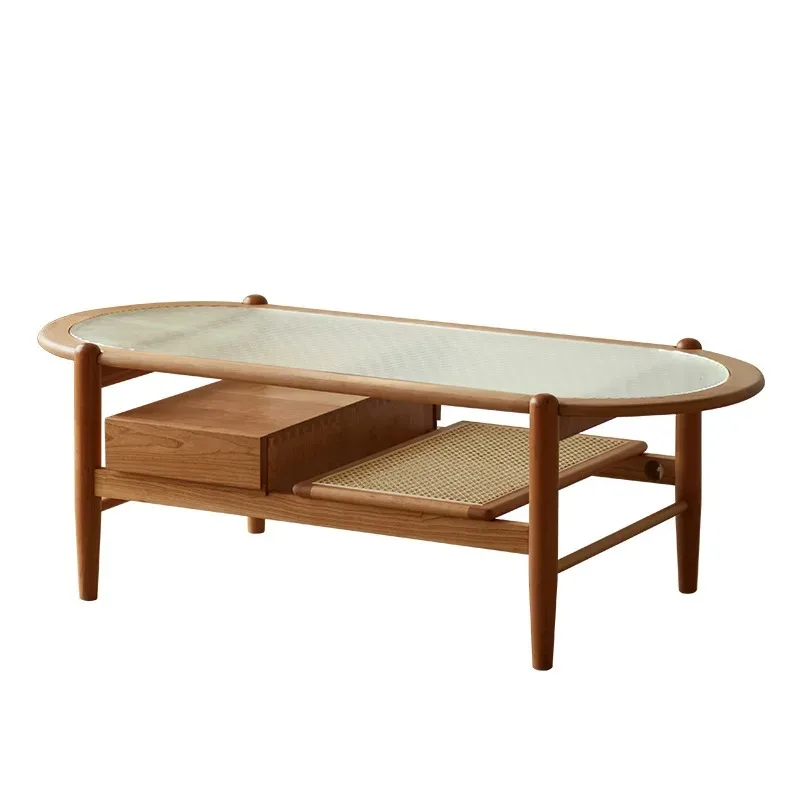 

Retro Changhong glass rattan coffee table small apartment household solid wood low table coffee table