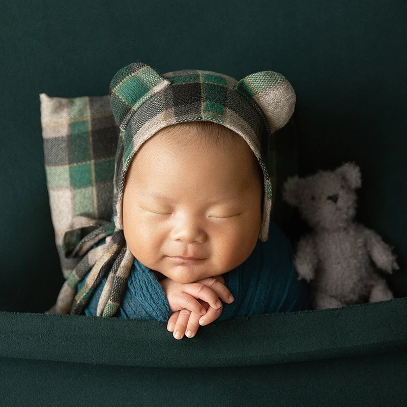 Accesorios de fotografía para recién nacido, envolturas suaves elásticas para fondo de fotografía infantil, sombrero de oreja a cuadros, almohada, accesorios de tiro para estudio