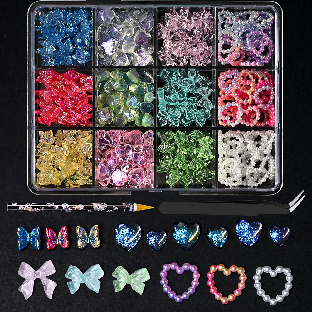 120 rejilla/caja Kawaii resina mixta Bowknot Nail Art 6/8/10mm colorido arco/corazón de perlas juego de dijes para uñas DIY 3D lindo arco piezas de uñas *