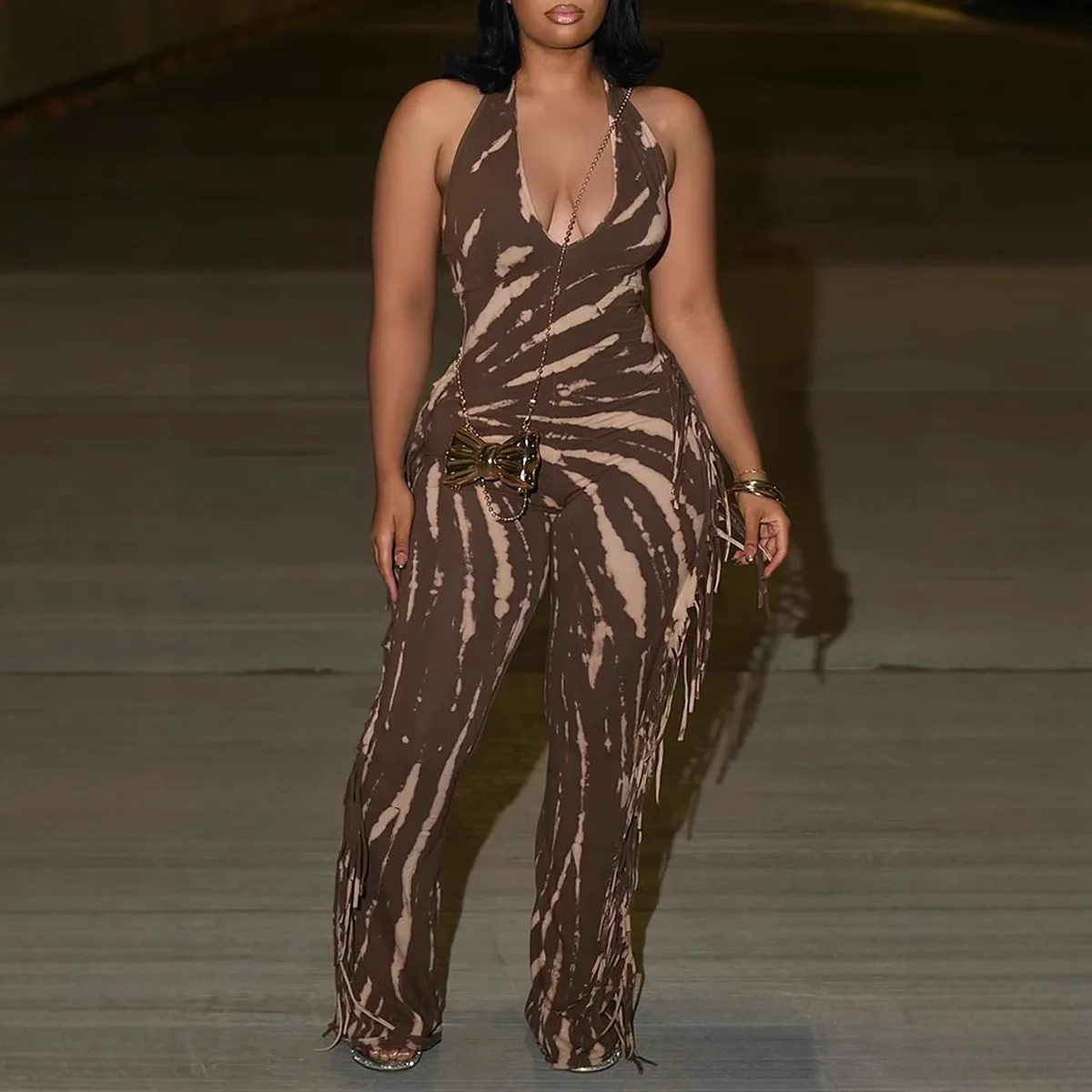 Fashion Tassel Print Women's Jumpsuit Sexy Deep V-neck Neck Halter Lace Up Backless Bodycon Rompers Party Women Jumpsuits Summer