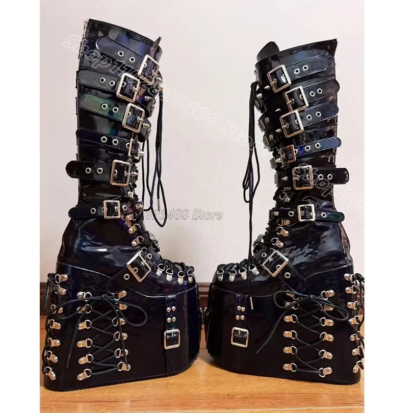 

Black High Platform Belt Buckle Boots Round Toe Solid Punk Style for Women Spring Party Lace up Boots 2026 Zapatos Para Mujere