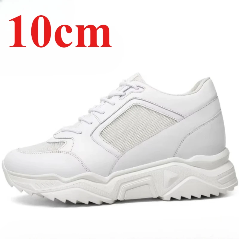 Invisible Height-increasing Shoes for Men's 10cm Elevated Shoes Genuine Leather Breathable Mesh White Sports Casual Daddy Shoes