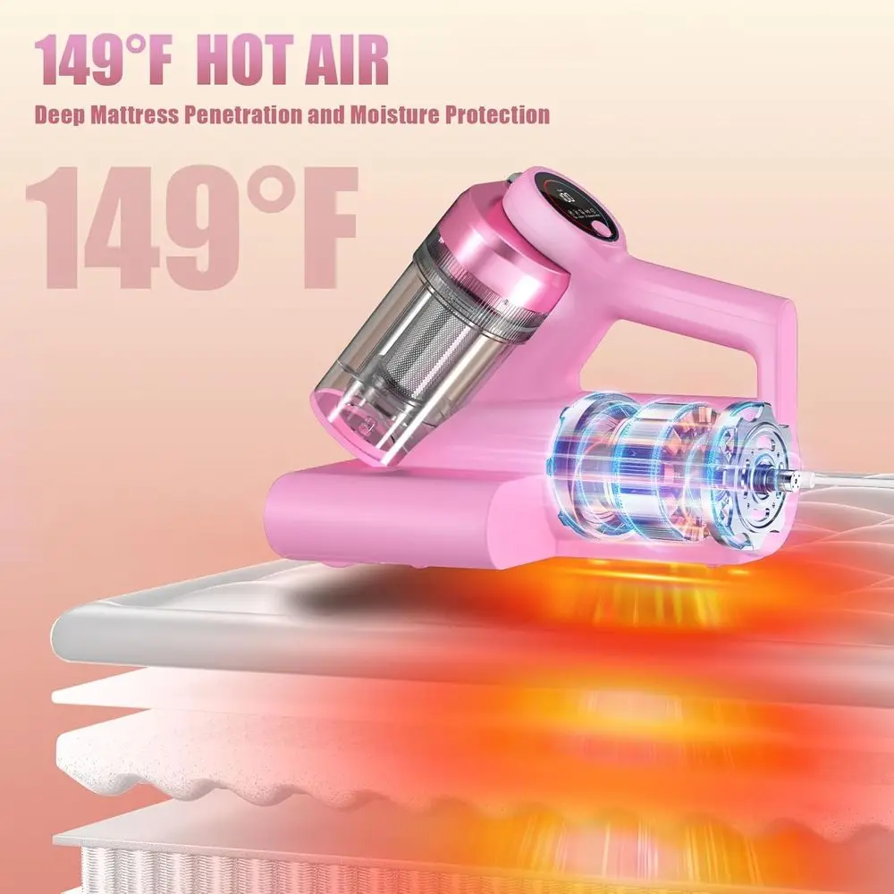 UV-C lichte bedstofzuiger: 16 kPa zuigkracht, 33000 RPM tappen, HEPA-filter, 149 ℉   Warmte, ultrasoon en anion voor matras en huisdier