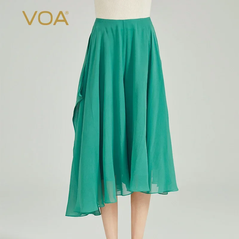 

VOA 100% Pure Silk Georgette Green Asymmetric Culottes Ruffles Office Ladies Pantskirt Silk Women Pants KE909