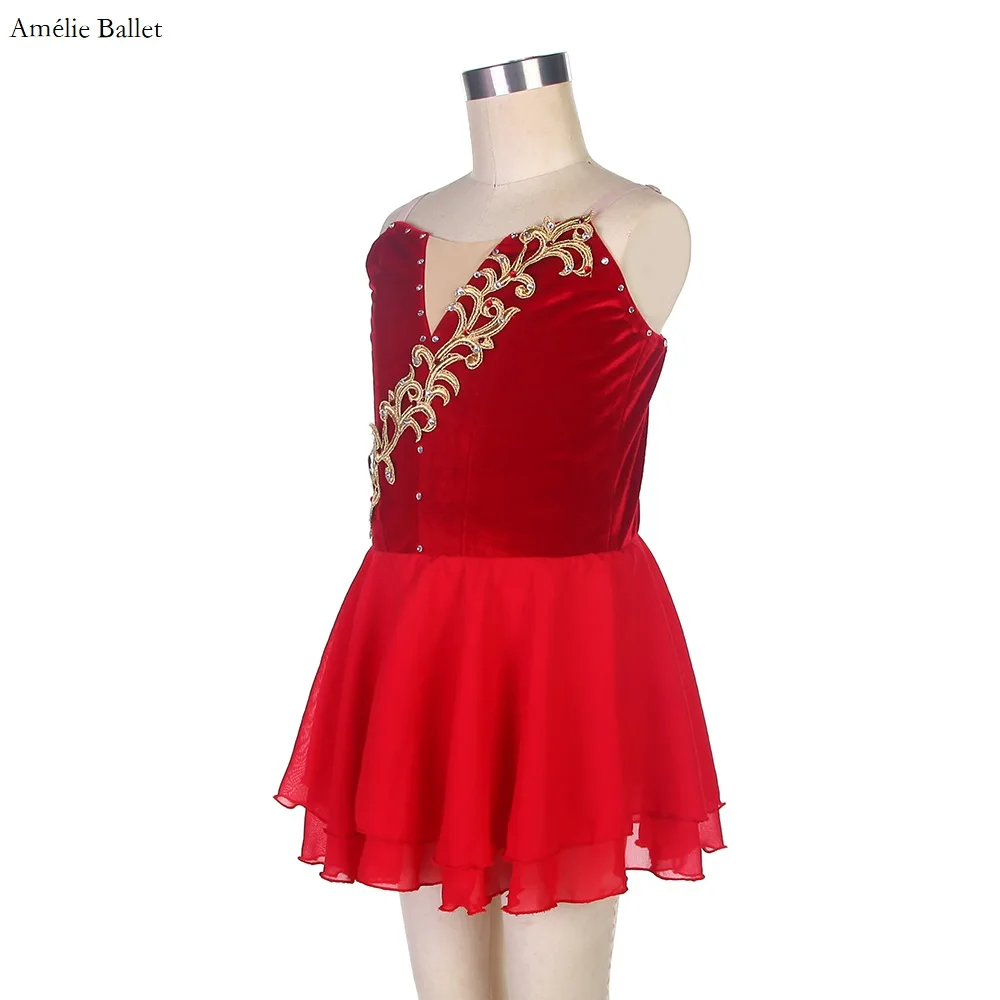 B20020 Tutú de danza de Ballet profesional personalizado para niñas y mujeres, corpiño de terciopelo rojo con apliques dorados y falda de gasa roja