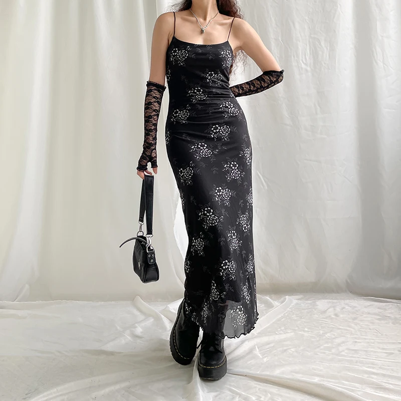 Seksowne eleganckie sukienki maxi z koronkową siateczką dla kobiet Y2K Goth Vintage Bodycon Long Slip Dress Grunge Fairycore Party Dress