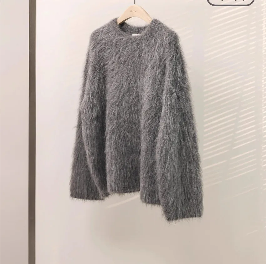 2024 New Fashion Oversize Autumn Winter Yellow Soft Mohair Sweaters Jumper Lazy Women O Neck Thick Knitted Warm Loose Pullover