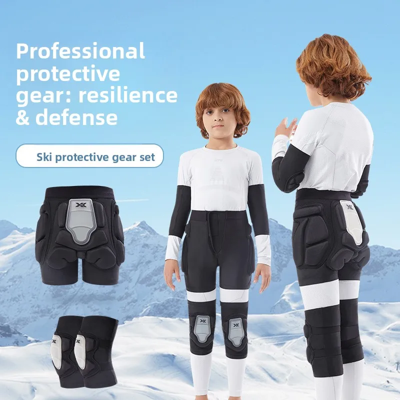 

Детское защитное снаряжение для катания на лыжах. Защита бедер. Наколенники, противоскользящие подушечки для ягодиц, профессиональный полный комплект оборудования.