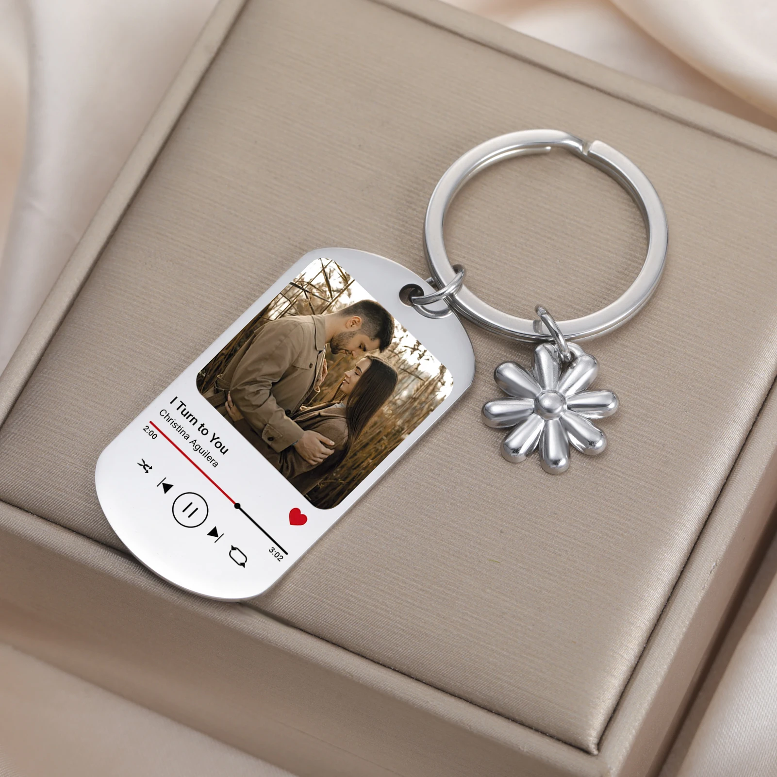 Customized Photo Text Keychain Square Flower Pendant Women Men Stainless Steel Jewelry Personalized Party Couple Christmas Gifts view 5