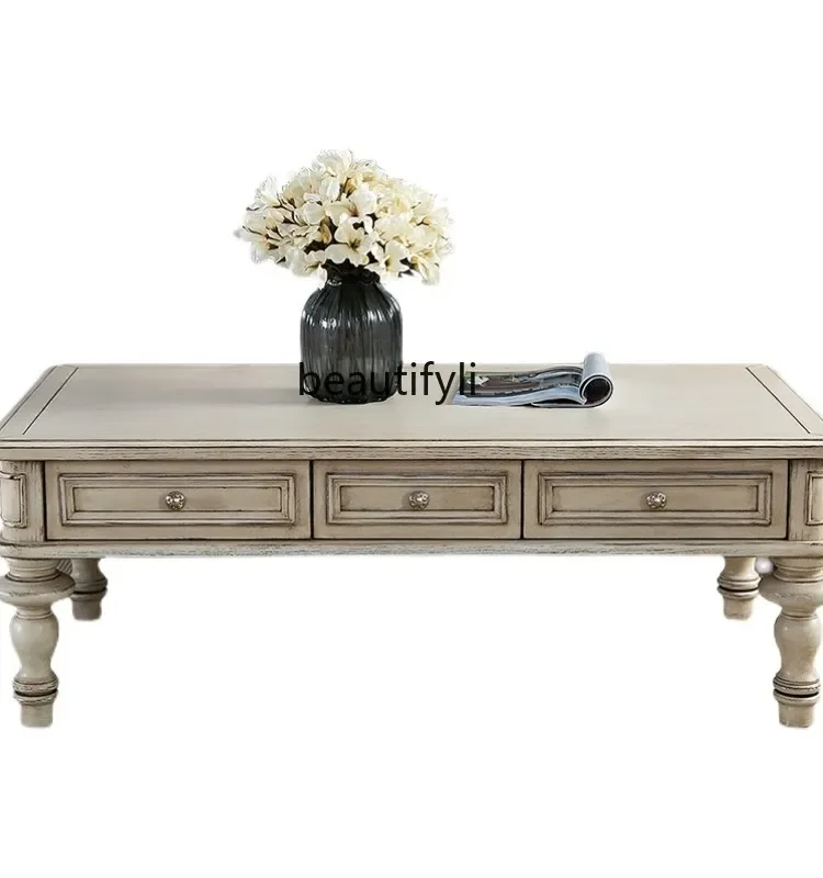 Q American-Style Solid Wood Vintage Vintage Tea Table Customer Storage Tea Table Square Design Tea Table