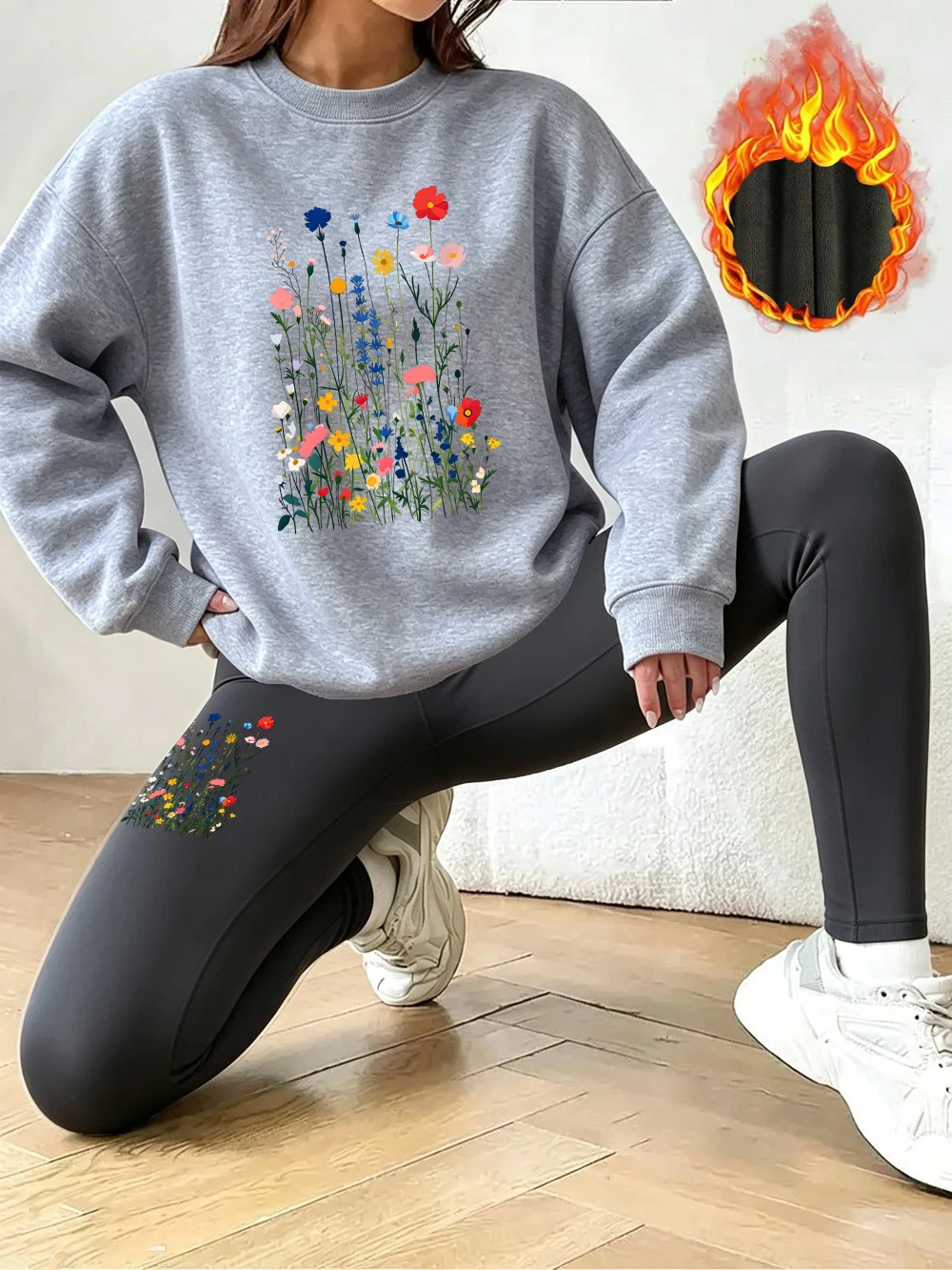 2Pcs Womens Aesthetic Style Flowers Floral Plants Prints Leggings Pant Set Casual Warm Fleece Sweatshirts Autumn Thermal Clothes