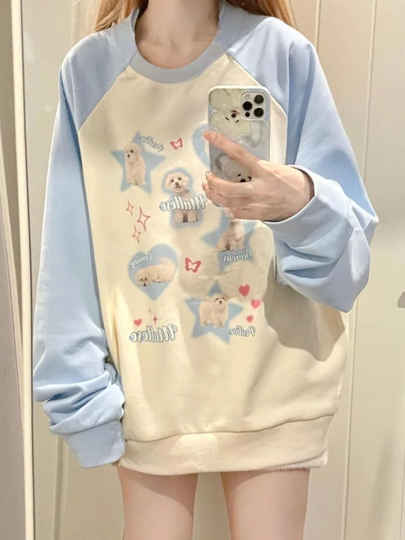 Kawaii Dog Print Sudadera Mujer Animal Pullovers Hoodies Contrast Color Raglan Sleeve American Women Vintage Sweatshirts Y2k