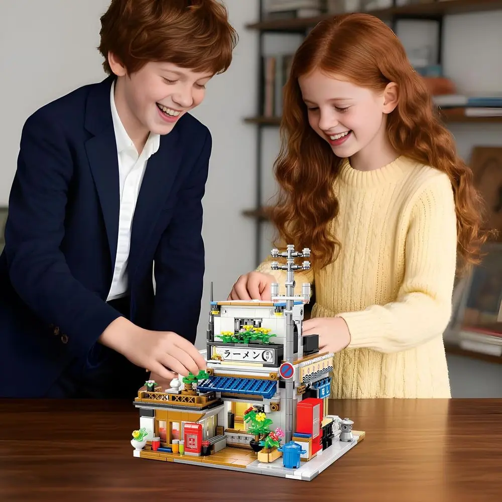 Zestaw do budowania 2w1: Japońska Restauracja Ramen i Dom z Widokiem na Ulicę z Oświetleniem, Architektura w Japońskim Stylu, Idealny Prezent dla Dzieci od 14 Lat