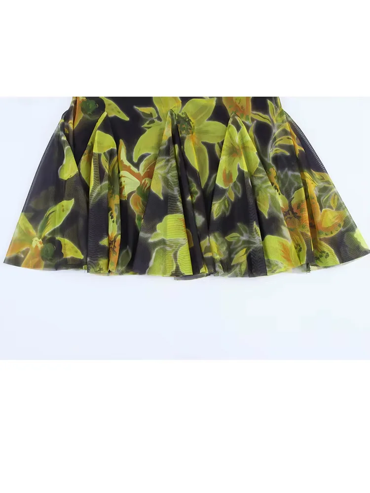 HH Frauen Neue Elegante Ärmellose Tüll Gedruckt A-Line Kleid Sommer Weibliche Hohe Taille Gefaltetes Schlanke Backless Sling Mini Kleid