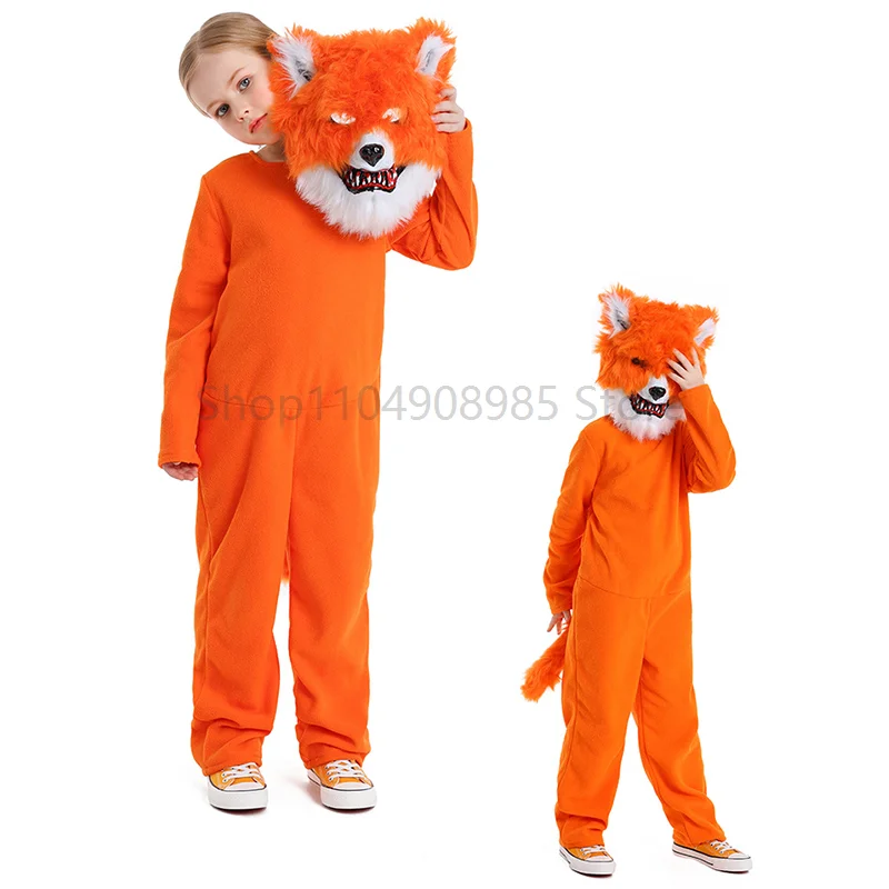 

Girls Orange Fox Jumpsuit With Furry Mask Halloween Dress Up Animal World Book Week Day Outfit Boys Woodsy Fox Costume