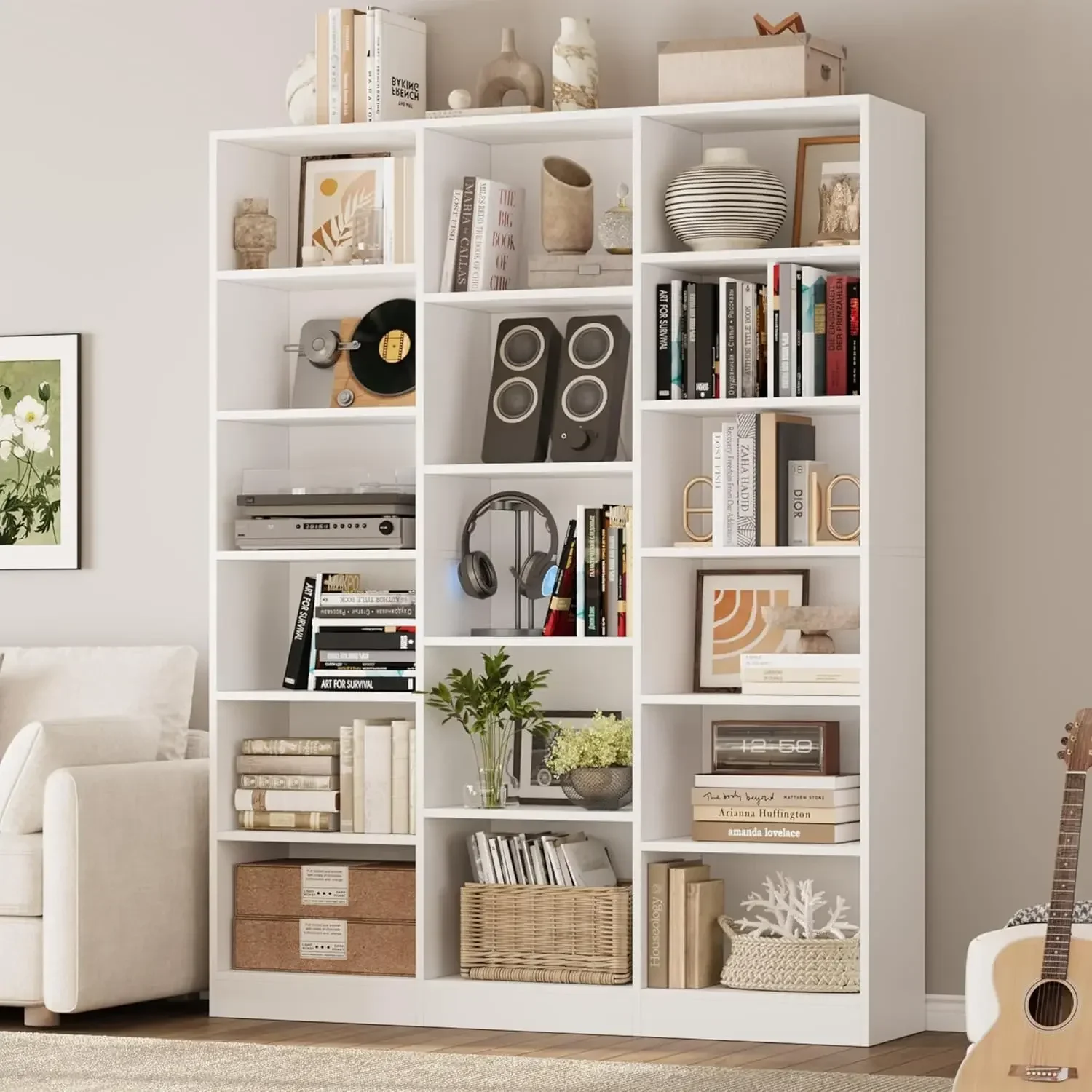 [وصول جديد! شحن مجاني! ]رف كتب ثلاثي واسع، خزانة كتب كبيرة مكونة من 6 طبقات مع 17 رفوف عرض مفتوحة، كتاب طويل 74 بوصة