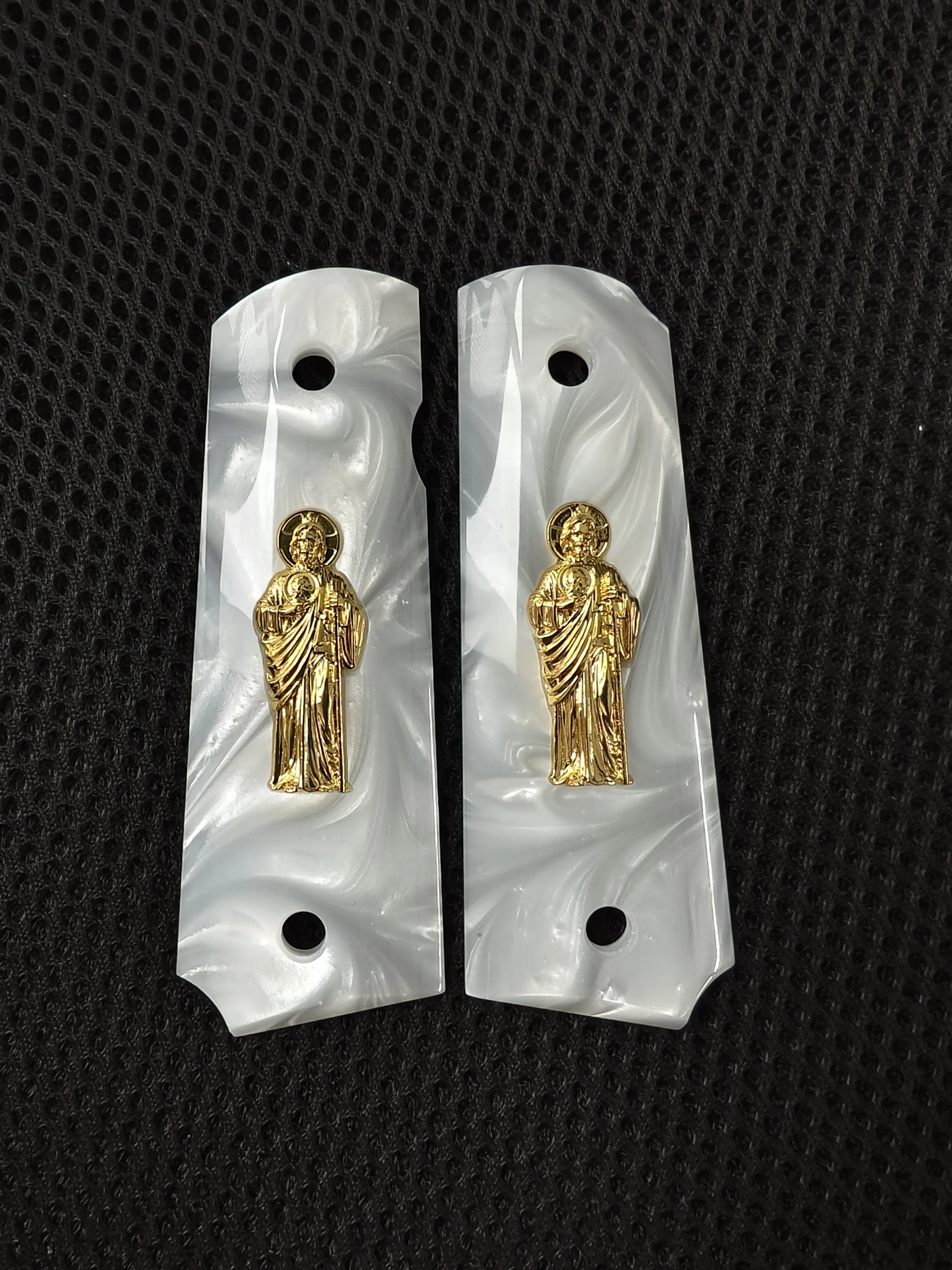 1911 Grips Full Size,White pearl with Gold Saint Jude ,Fits Colt,Kimber,Springfield,Remington,Rock Island,Government Commander