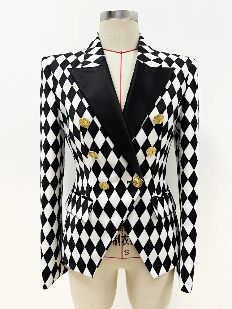 

HIGH STREET Newest 2025 Designer Jacket Women's Black And White Checkered Slim Double Breasted Blazer
