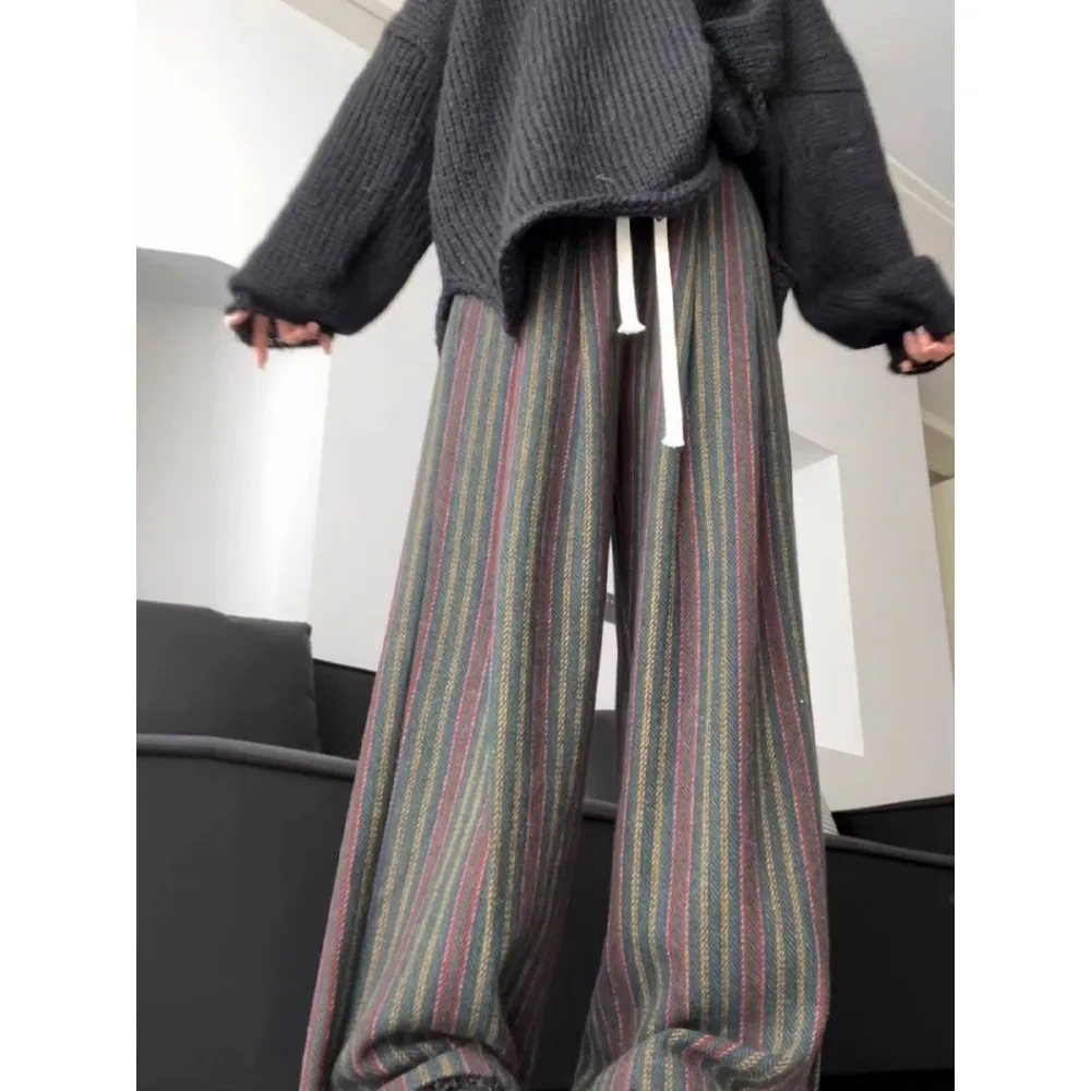 Striped Woolen Lazy Style Casual Wide-Leg Pants Women's 2024 Autumn And Winter New Drape High-Waisted Straight Mopping Pants