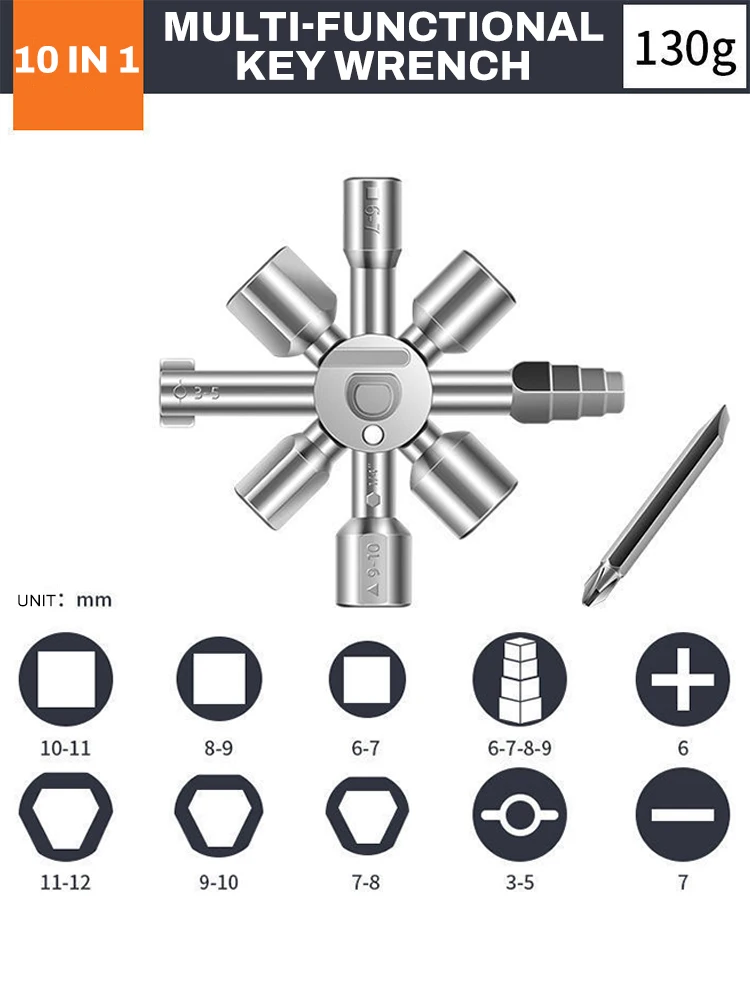 

10in1 Valve Cross Switch Key Wrench Multifunction Spanner Gadget Inner Triangle Four Corners Electric Cabinet Elevator Cross Key
