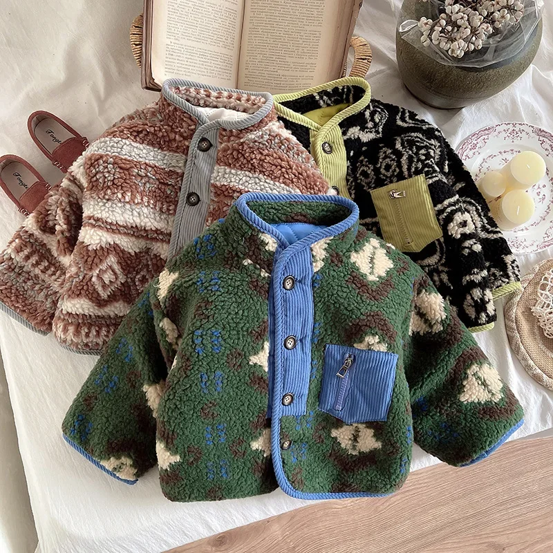 Children's Fleece-Lined Jacket Autumn/Winter 2024 New Style Thickened Wool Sweater Baby Vintage Winter Sheep Velvet Coat