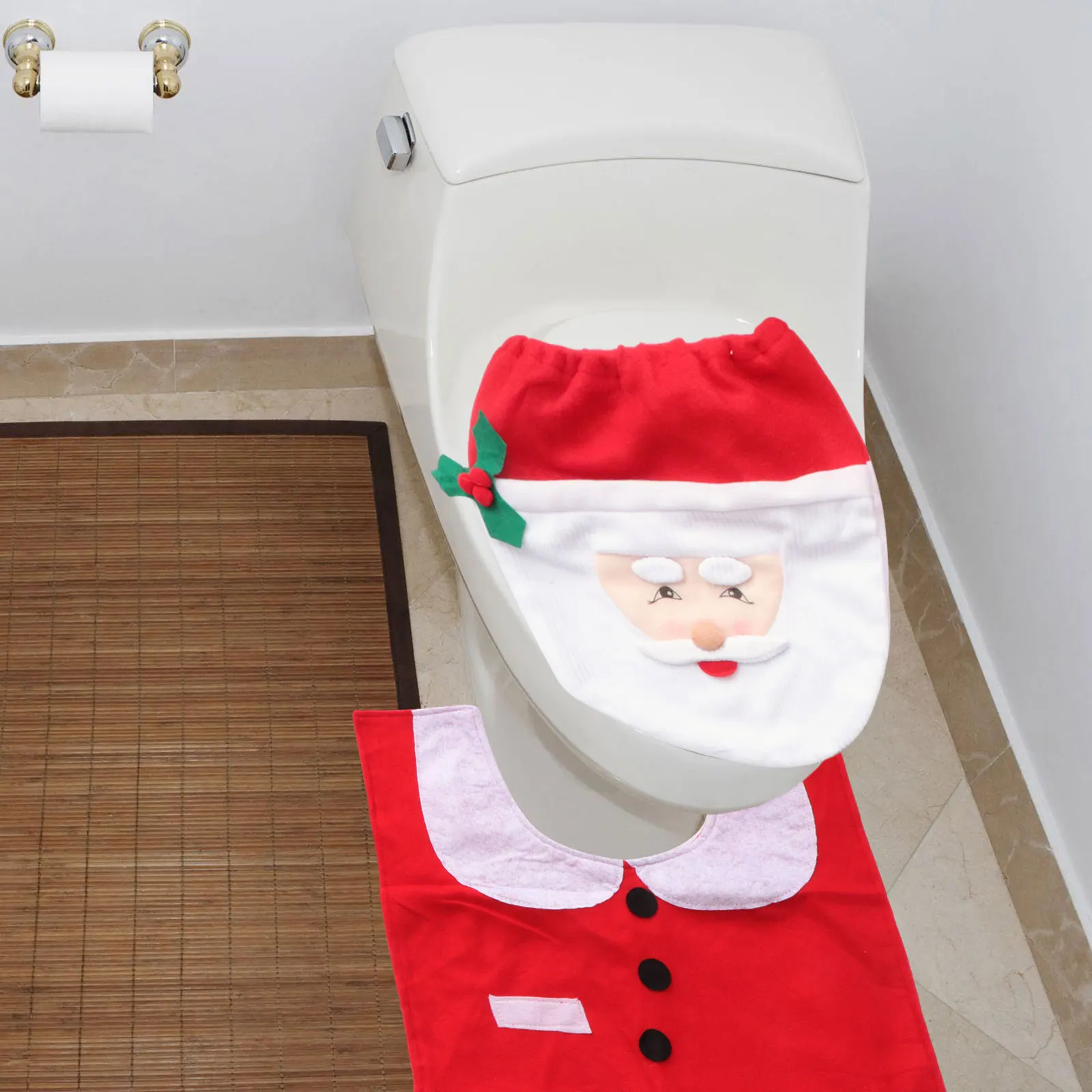 

Christmas Toilet Cover Set Santa Seat Floor Mat Water Tank Cover Red Festive Bathroom Protection Cushion Xmas Toilet Mat Kit