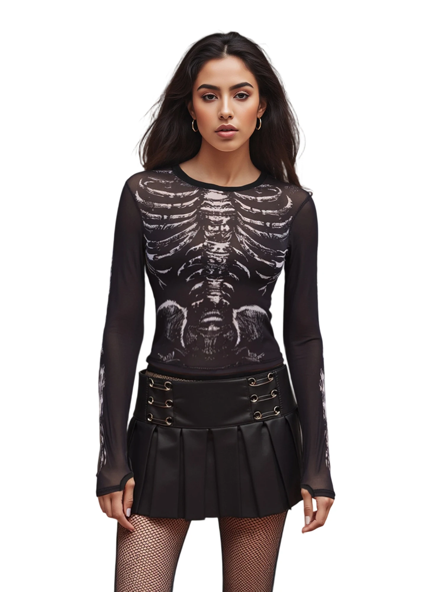 

Women s Summer Fitted Crop Tops Black Long Sleeve Skull Print Mesh Going Out Tops