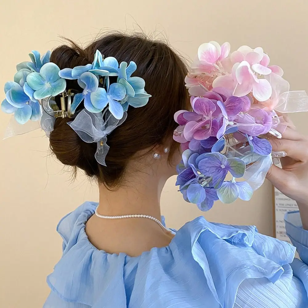 Simulated Flower Flower Hair Claw Mesh Bow Cloth Sweet Hair Catches Headdress Ponytail Holder Korean Style Hair Crab Clip Girls