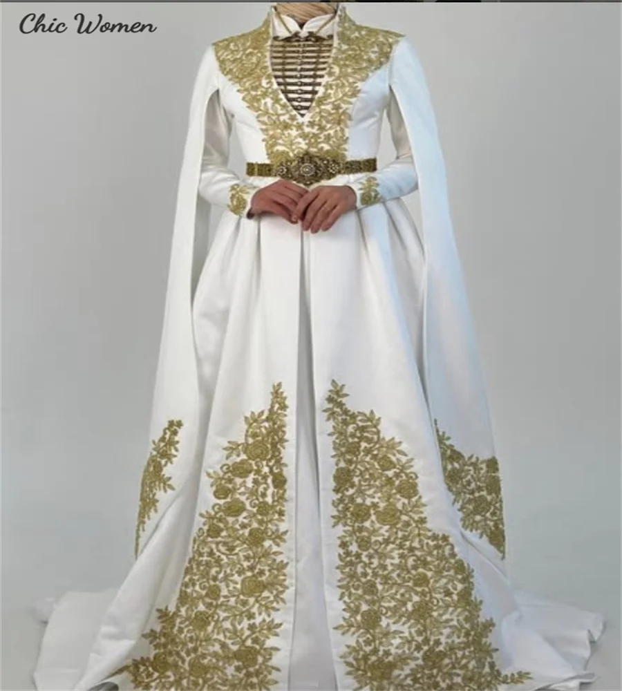 Vestido de casamento caucasiano árabe saudita com apliques de ouro Muslimah marroquino caftan vestido de noiva muçulmano egito civil personalizado