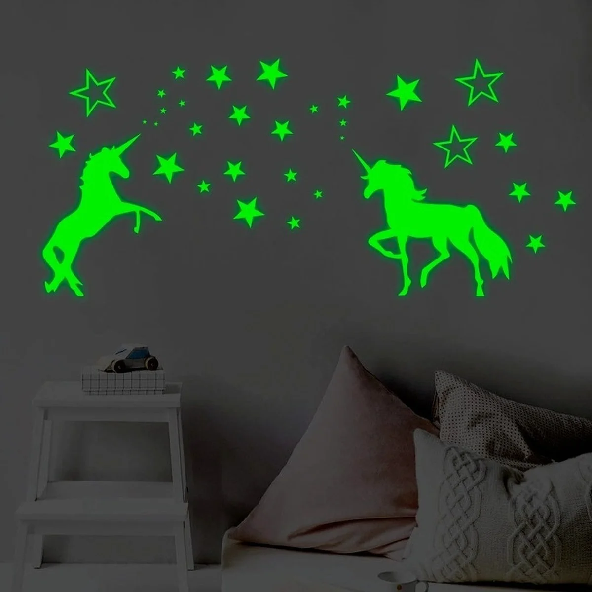 Pegatinas de pared luminosas que brillan en la oscuridad, estrellas, unicornios, fluorescentes, para techo, fiesta en casa, decoración de habitación