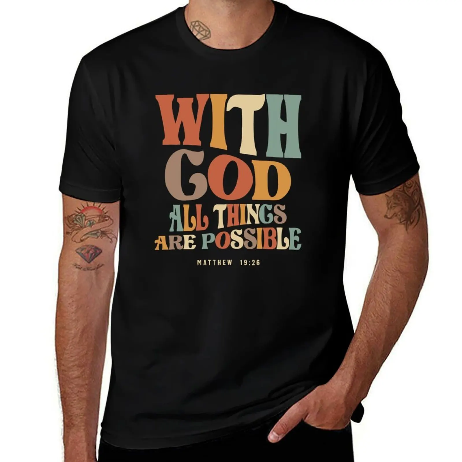 With God All Things Possible Matthew 19:26 Christian Quote T-Shirt Plus Size Gym Sports T-Shirt