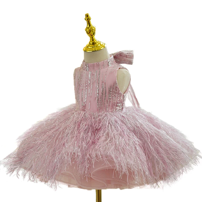 Fashion Baby Girl Princess Bling Feather Dress Infant Toddler Child Bow Vestido Party Pageant Birthday Ball Gown 12M-14Y