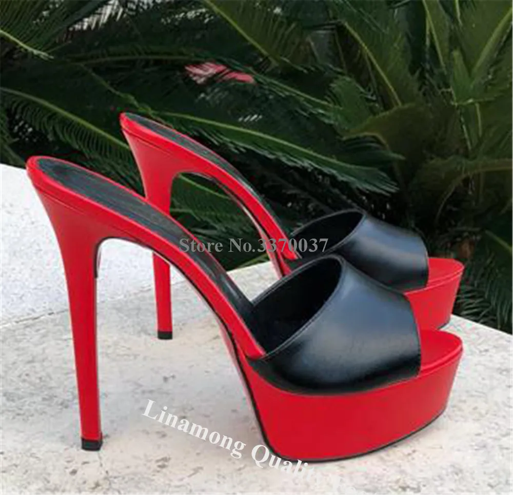 Linamong New Patchwork Stiletto Heel Slippers Peep Toe Red White Pink High Platform Thin Heel Party Heels Big Size Sandals - view 2
