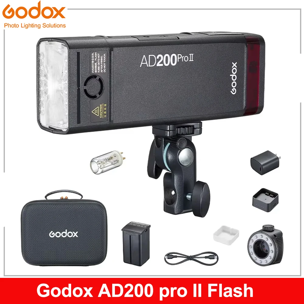 Godox AD200 pro II Flash 200Ws 1/8000 HSS 2980mAh Battery with 2.4G Wireiess X System Bi-color Modeling Lamp Speedlight Flash