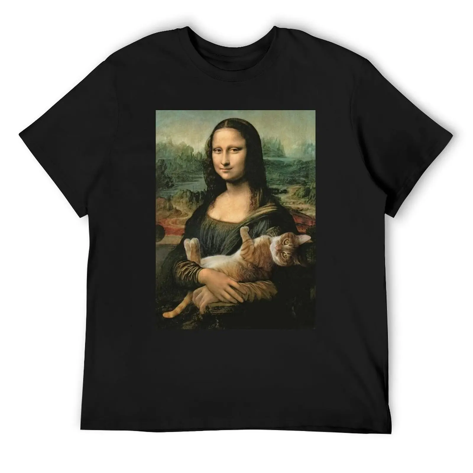 

Mona Lisa With Orange Cat Funny Art Painting T-Shirt hippie clothes anime tshirt customs shirts men