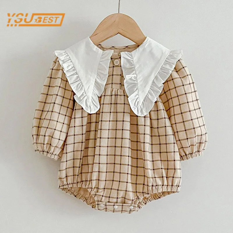 Newborn Kids Baby Girls Long Sleeve Sweet Grid Princess Rompers Spring Autumn Infant Kids Baby Girls Rompers Clothes