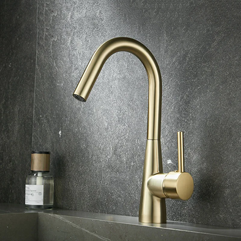 Brushed Gold Kitchen Faucet Brass Deck Mounted Single Handle Mixer Hot And Cold Mixer Water Tap Chrome Bathroom Faucet