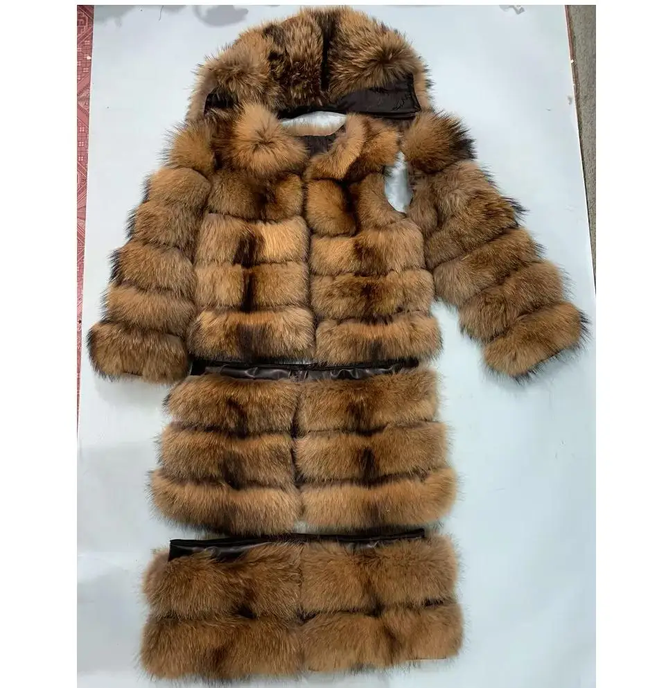 Waschbärpelzmantel für Damen mit Mütze, abnehmbaren Ärmeln, umwandelbare Weste, luxuriöser, dicker, warmer langer Mantel