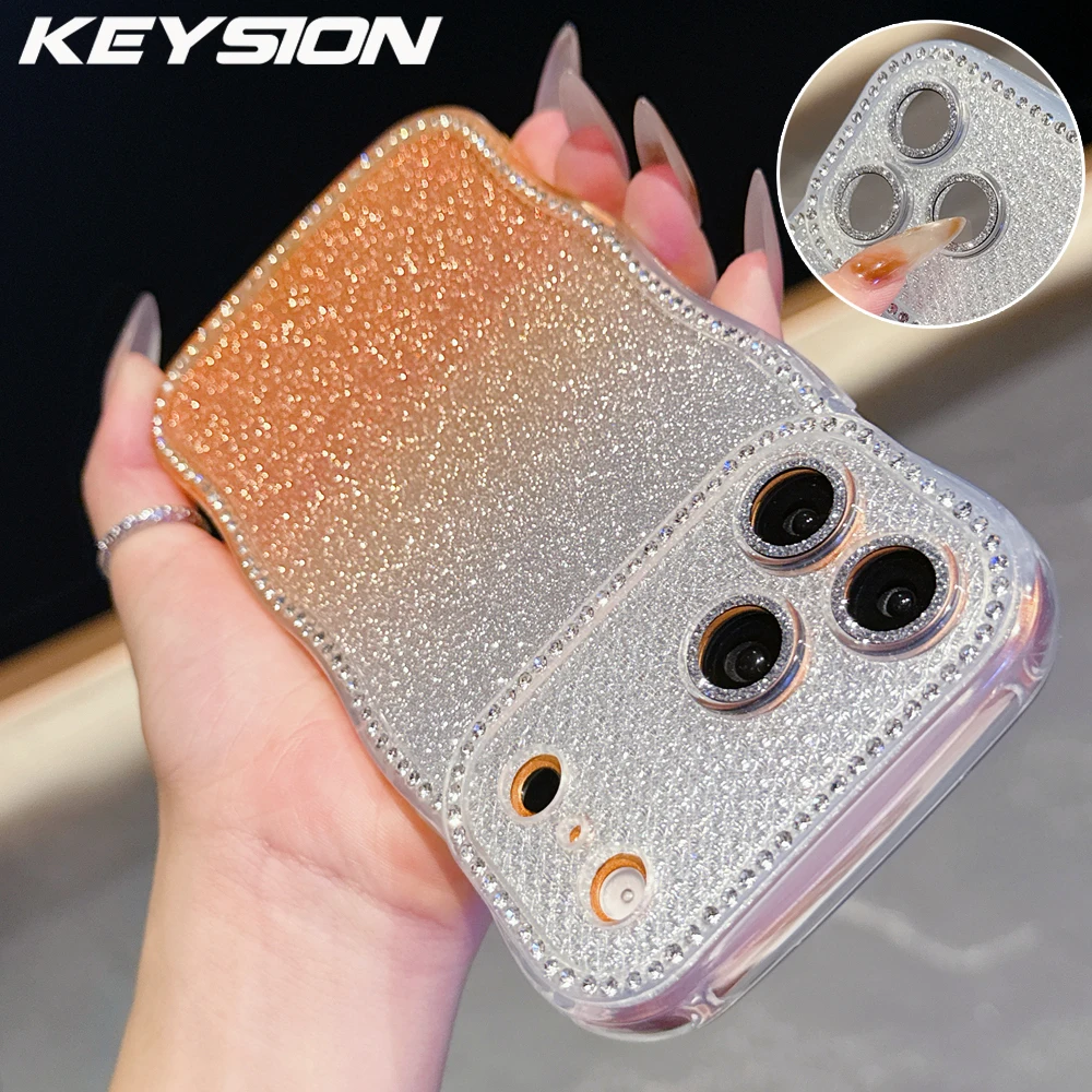 

KEYSION Gradient Glitter Jewelled Phone Case for iPhone 13 14 15 16 17 Pro Max 17Air Wavy Border Lens Protector Shockproof Cover