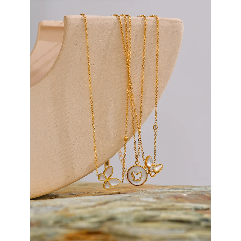 Yhpup Exquisite Natural Thicker Shell Butterfly Necklace Pendant Korean Style Stainless Steel Delicate Daily Wear Jewelry