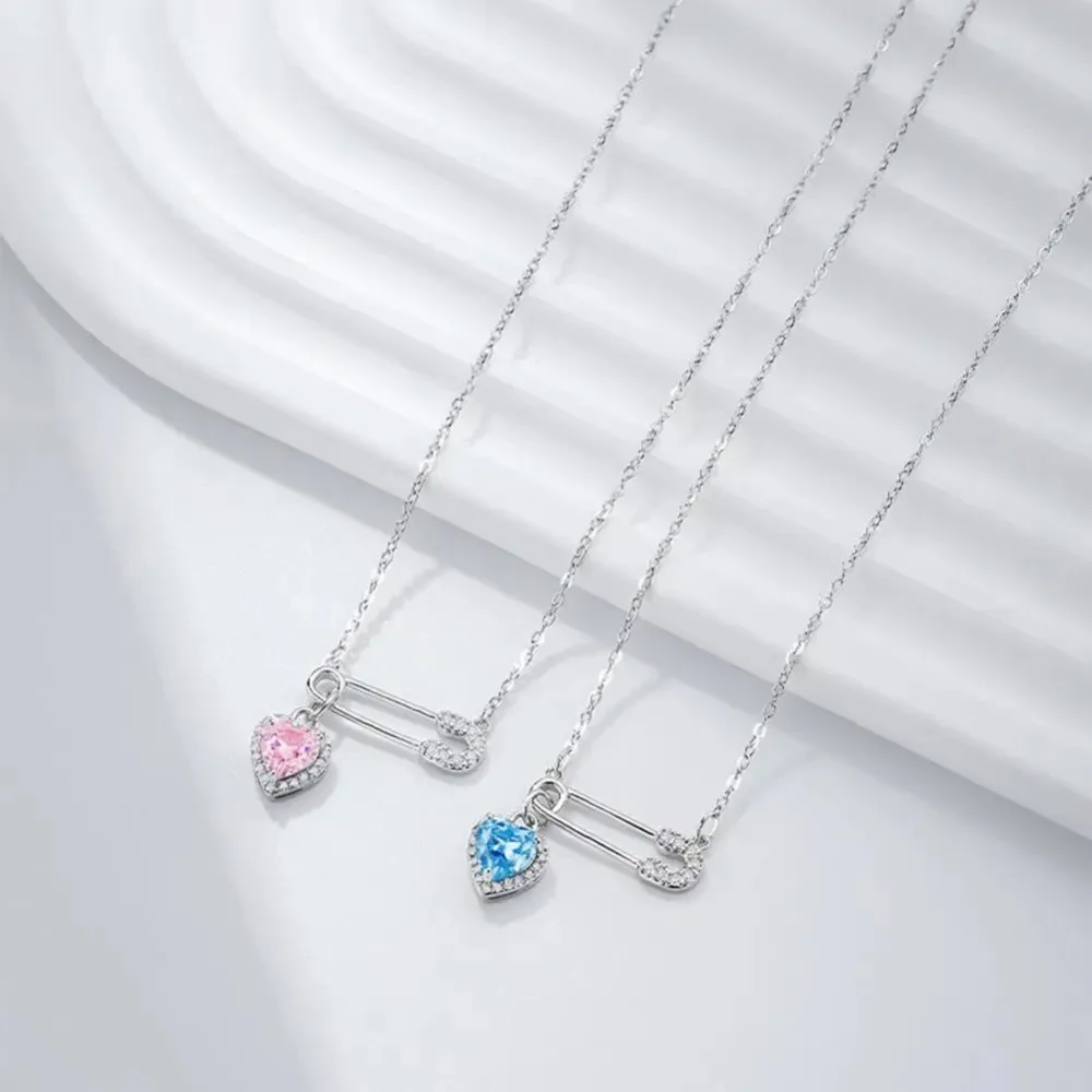 Fashion Love Pendant Pin Necklace Safety Needle Hollow Necklace Zircon Clip Collarbone Chains Women view 2