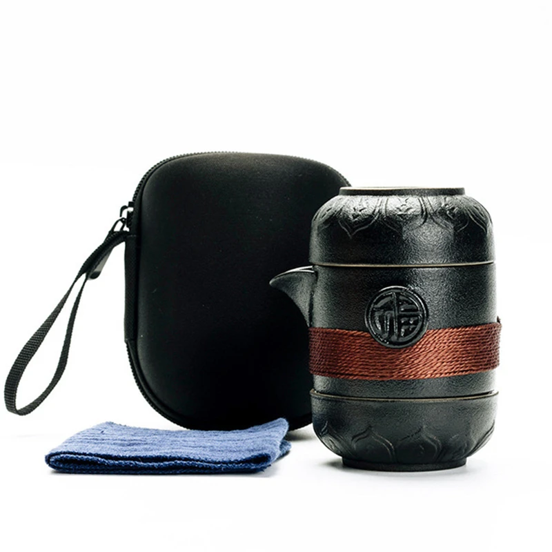 Texture Black Pottery 1 Tea Pot & 2 Cups Chinese Sets Travel Portable Coffee Cups&Pot KungFu Set Container