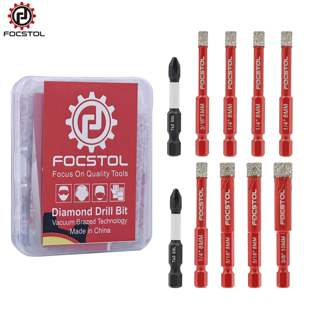 Foret à carottage FOCSTOL économique à connexion rapide pour perçage à sec, avec queue à connexion rapide, en carbure spiralé Phillips pour carrelage, marbre, granit